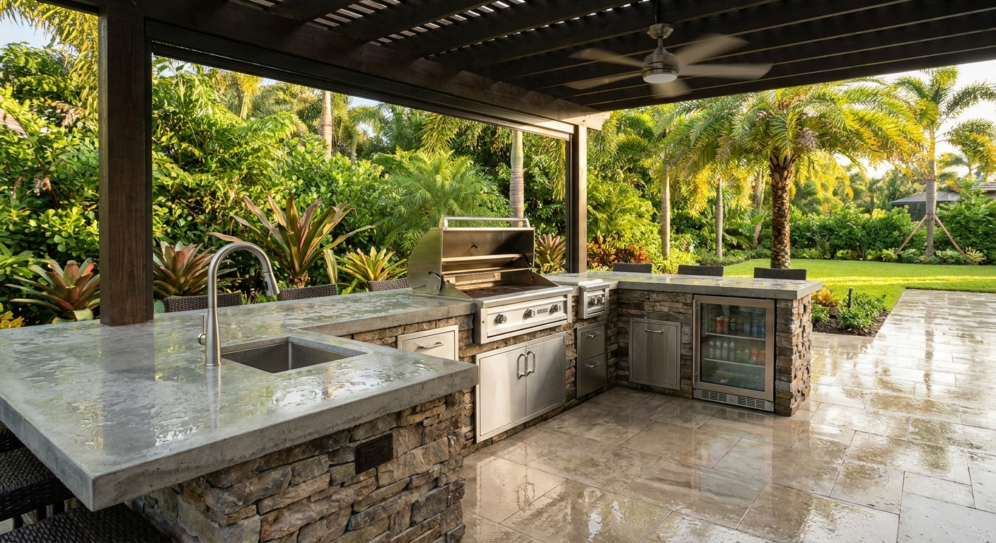 Outdoor kitchen in a Parkland backyard with weather-resistant appliances and spacious countertops
