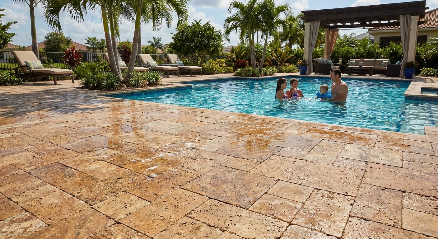 Pool deck pavers in Parkland designed to reduce slippery surfaces and improve safety